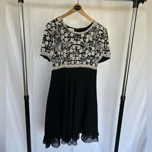 Vintage 1980’s Black Mini Dress W/ White Floral Beaded Bodice, Short Sleeves